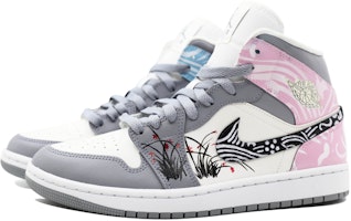 【定制球鞋】Jordan Air Jordan 1 Mid 手繪蘭花 雲錦 中國風 鴛鴦 中幫 復古籃球鞋 女款 灰白 Shop 【定制球鞋】Jordan Air Jordan 1 Mid 手繪蘭花 雲錦 中國風 鴛鴦 中幫 復古籃球鞋 女款 灰白