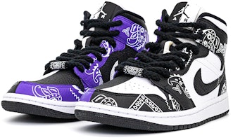 【定制球鞋】 Jordan Air Jordan 1 Mid 腰果花 街頭 嘻哈 鴛鴦 不對稱 麻繩 復古 潮流 中幫 復古籃球鞋 女款 黑紫 Lookbook 【定制球鞋】 Jordan Air Jordan 1 Mid 腰果花 街頭 嘻哈 鴛鴦 不對稱 麻繩 復古 潮流 中幫 復古籃球鞋 女款 黑紫