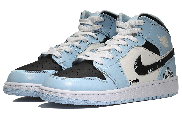 Lookbook 【定製球鞋】Jordan Air Jordan 1 Mid 可愛熊貓 中式萌寵 經典百搭 中幫 復古籃球鞋 女款 白藍色