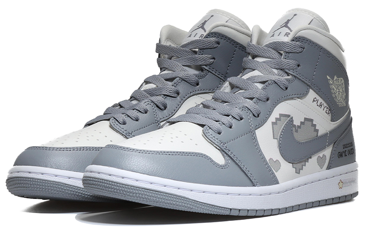 Lookbook (W) [Sepatu Custom] Air Jordan 1 Mid 'Pixel Heart Abu-Putih' BQ6472-115(Team10-像素爱心-QD)