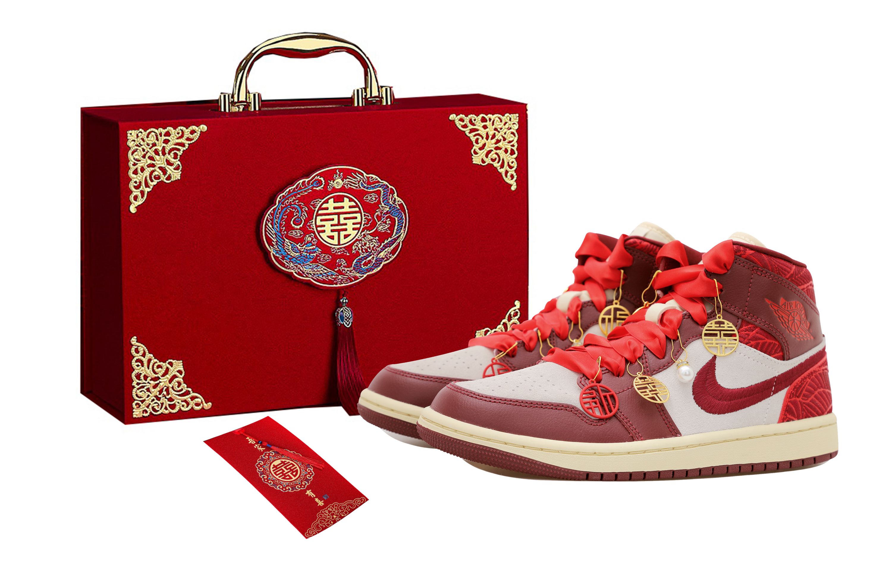 Buy (W) [Zapatillas Personalizadas] Air Jordan 1 Mid 'Seda Roja China' DZ2820-601(Team拾玖-吉祥婚鞋S-BOX）