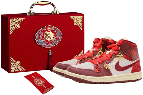 【定製球鞋】Jordan Air Jordan 1 Mid OKHR 婚鞋 珍珠掛飾 絲綢中國紅 平安結 中筒 復古籃球鞋 女款 紅白 Buy 【定製球鞋】Jordan Air Jordan 1 Mid OKHR 婚鞋 珍珠掛飾 絲綢中國紅 平安結 中筒 復古籃球鞋 女款 紅白