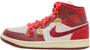 【定製球鞋】Jordan Air Jordan 1 Mid OKHR 婚鞋 珍珠掛飾 絲綢中國紅 平安結 中筒 復古籃球鞋 女款 紅白 Order 【定製球鞋】Jordan Air Jordan 1 Mid OKHR 婚鞋 珍珠掛飾 絲綢中國紅 平安結 中筒 復古籃球鞋 女款 紅白
