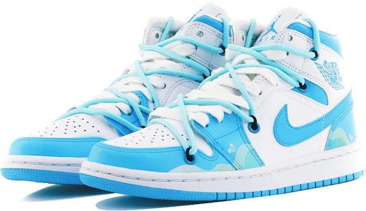 【定制球鞋】喬丹 Air Jordan 1 北卡藍 藍色海洋 氣泡海浪 中幫 復古籃球鞋 女款 北卡藍 Lookbook 【定制球鞋】喬丹 Air Jordan 1 北卡藍 藍色海洋 氣泡海浪 中幫 復古籃球鞋 女款 北卡藍