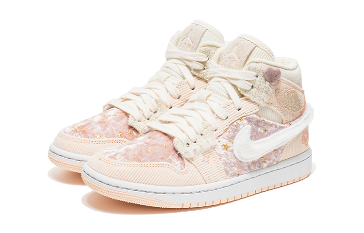 Lookbook (W) [Sepatu Custom] Air Jordan 1 Mid 'Valentine Corduroy - Putih Pink' DA8009-108(TeamB-情人节星光白粉S-BOX)