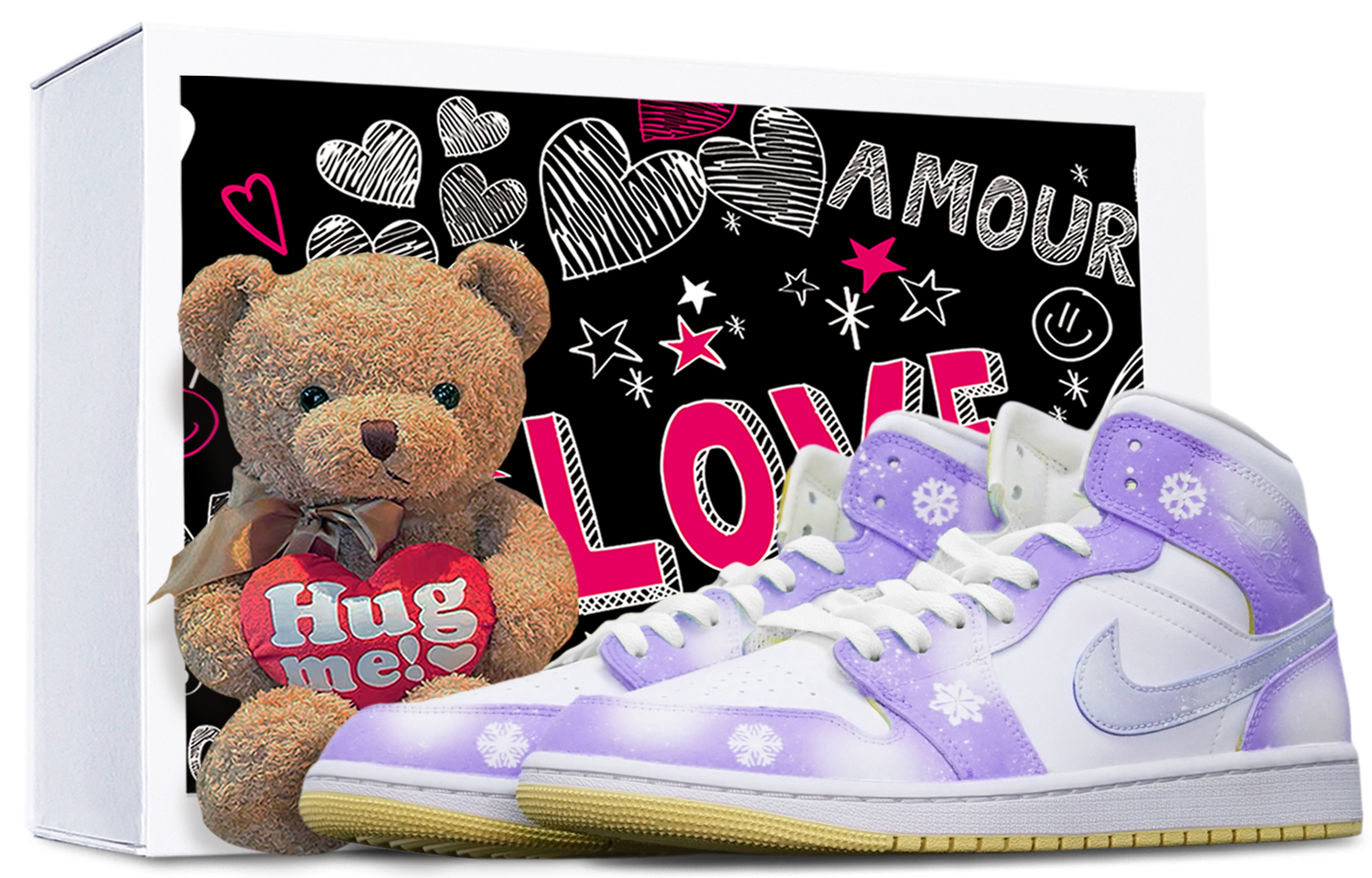 [Custom Shoes] (Women) Air Jordan 1 Mid with Special Box and Teddy Bear 'Christmas Snowflake Dopamine Lavender' BQ6472-701-486844