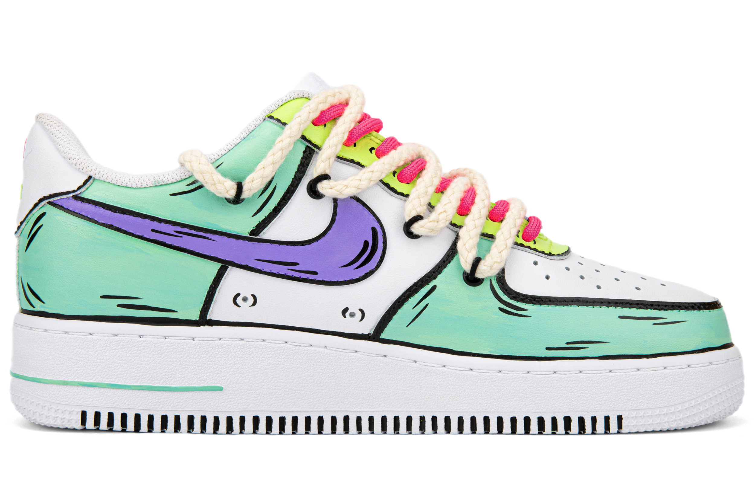 Order 【定製球鞋】 Nike Air Force 1 Low 空軍一號 動漫二次元 塗鴉解構雙鞋帶 融化 低筒 板鞋 女款 白綠紫