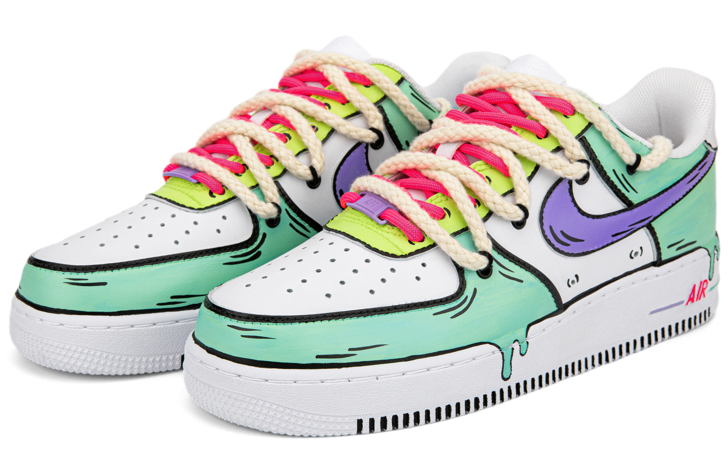 Lookbook 【定製球鞋】 Nike Air Force 1 Low 空軍一號 動漫二次元 塗鴉解構雙鞋帶 融化 低筒 板鞋 女款 白綠紫