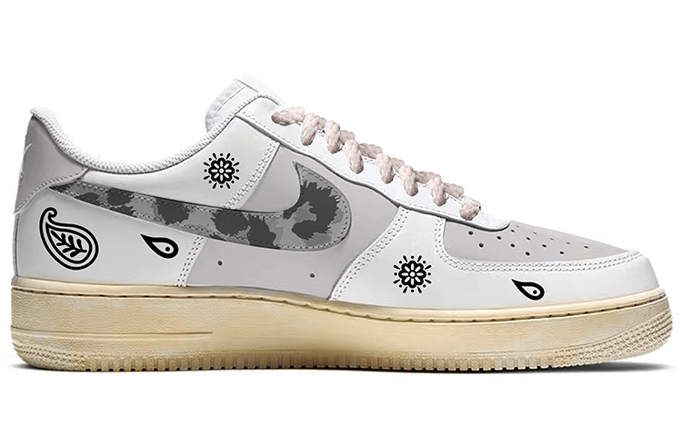 Order (W) 【カスタムシューズ】(女性用) ナイキ エアフォース1 ロー 'カシューフラワーバイブ' 315115-112(Team-E女款腰果花做旧黑白)