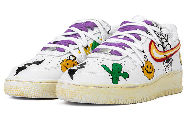 Lookbook 【定製球鞋】Nike Air Force 1 空軍一號 野鶴製造 低幫 塗鴉系列 沙漠風 解構鞋帶 南瓜 仙人掌 笑臉 vibe做舊 女款 純白塗鴉
