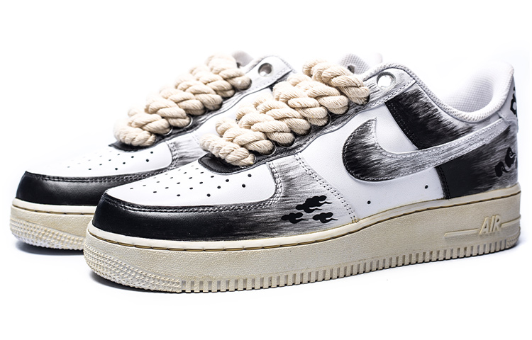 Lookbook 【定制球鞋】Nike Air Force 1 Low Triple White 空軍一號 水墨書法 中國風 氧化 祥云 麻繩鞋帶 復古 經典 低幫 板鞋 女款 黑白