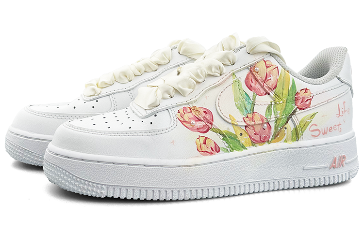 Lookbook 【客製球鞋】Nike Air Force 1 Low 鬱金香 塗鴉 油畫 絲綢鞋帶 潮流 低筒 板鞋 女款 白粉綠