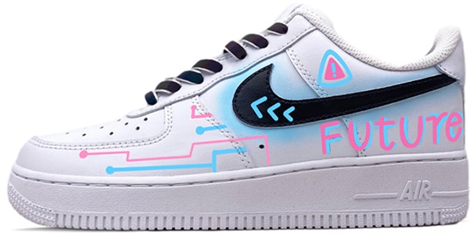 custom-shoes-women-nike-air-force-1-low-le-blue-white-cyber-future-yin-yang-hand-painted-graffiti