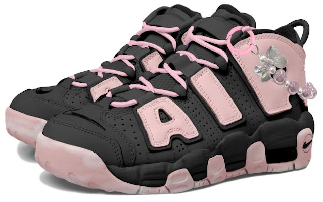 【訂製球鞋】Nike Air More Uptempo 復古蝴蝶結珍珠掛飾皮蓬 防滑 高筒 復古籃球鞋 女款 粉黑 Lookbook 【訂製球鞋】Nike Air More Uptempo 復古蝴蝶結珍珠掛飾皮蓬 防滑 高筒 復古籃球鞋 女款 粉黑