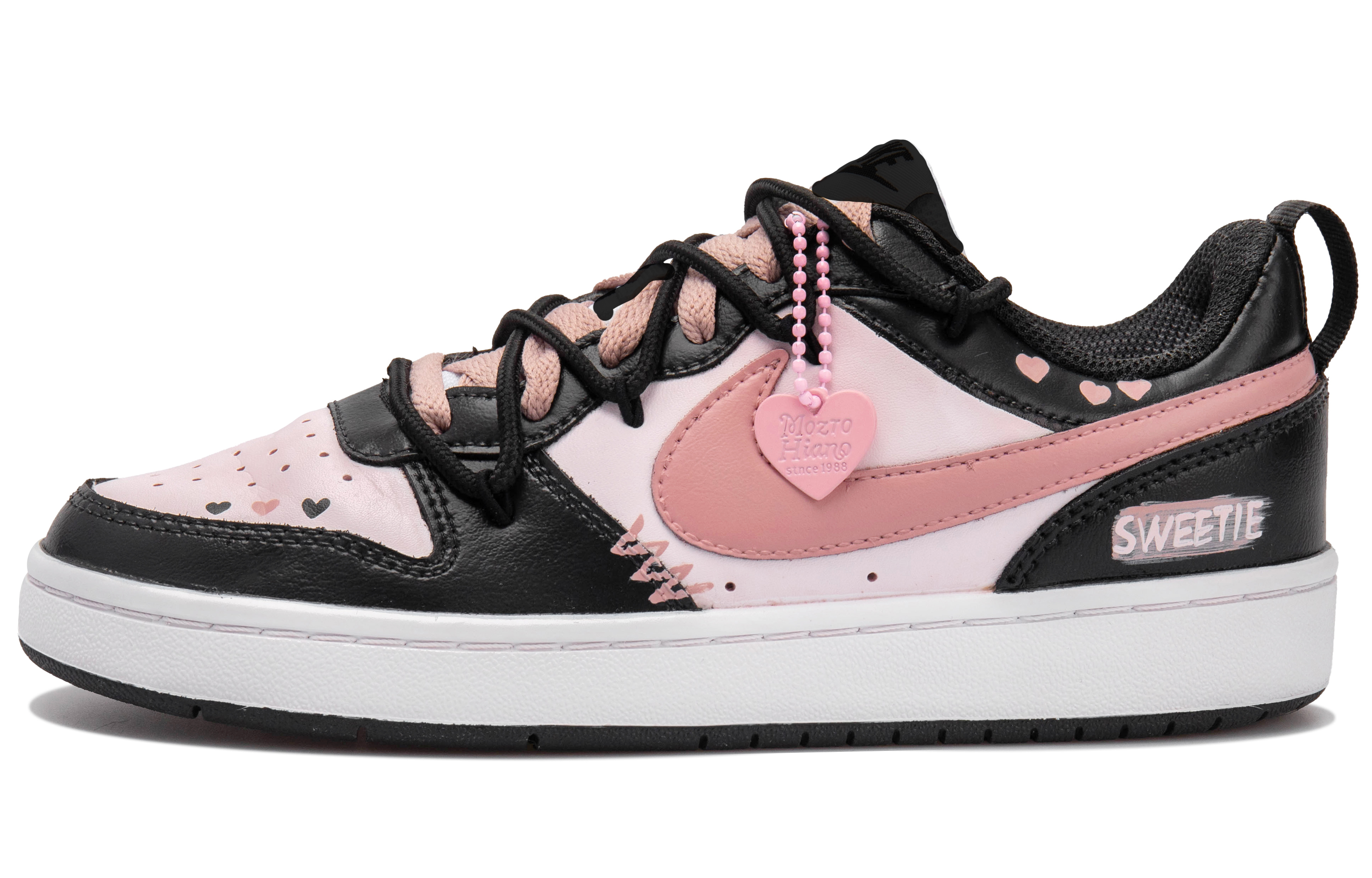Order (W) [Sepatu Kustom] Nike Court Borough 2 'Hitam Merah Muda Jantung' BQ5448-115（Team拾玖-霉霉粉心）