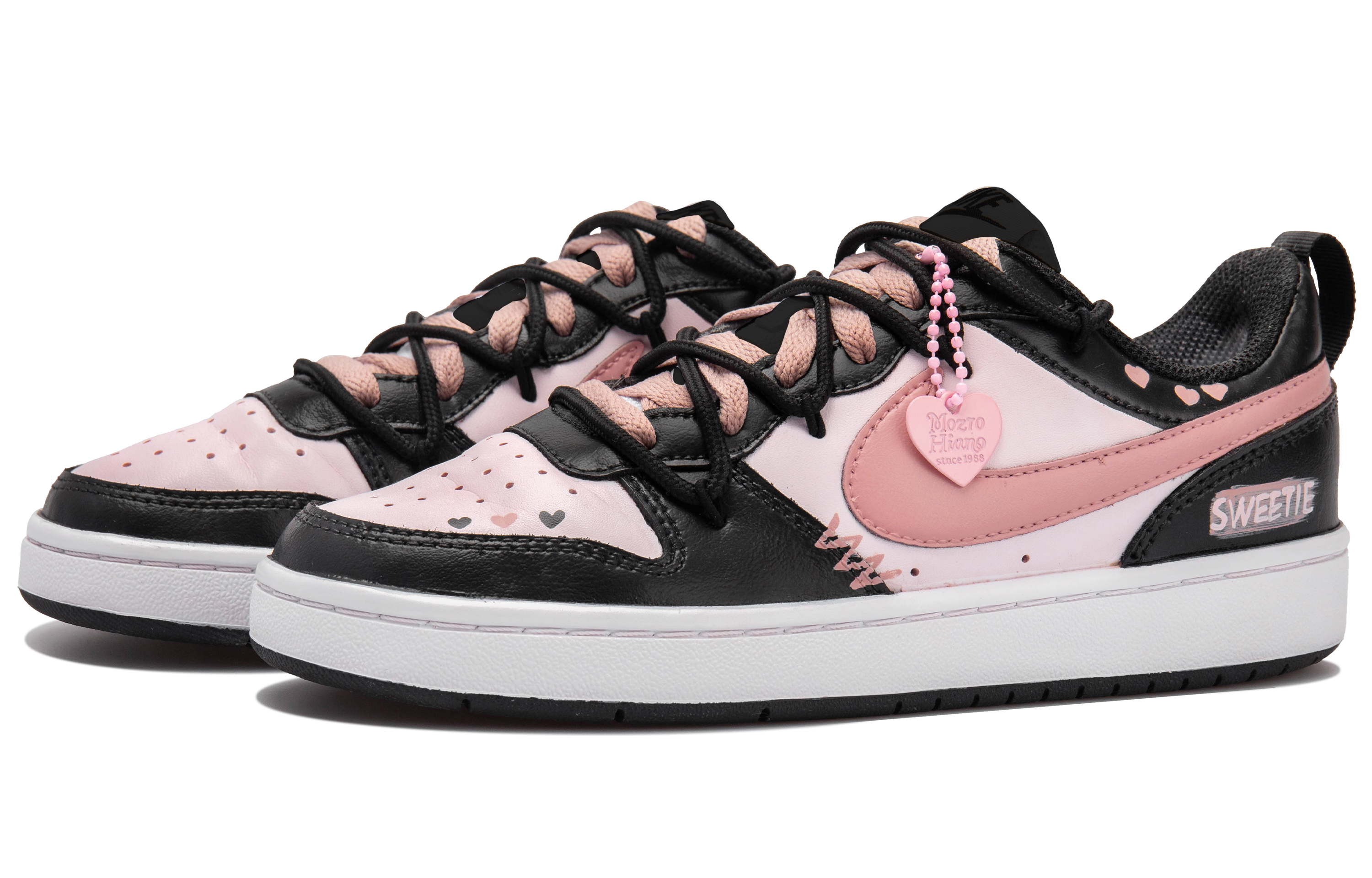 Shop (W) [Sepatu Kustom] Nike Court Borough 2 'Hitam Merah Muda Jantung' BQ5448-115（Team拾玖-霉霉粉心）