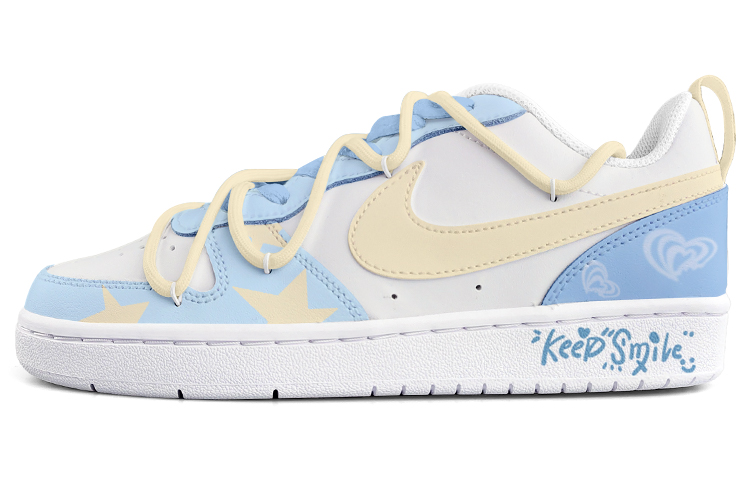 [Custom Shoes] (W) Nike Court Borough Low 2 'Cheese Ice Blue Yellow Deconstructed Laces with Stars'