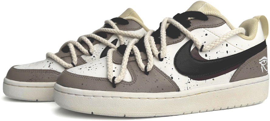【訂製球鞋】 Nike Court Borough Low 2 荷露絲之眼 復古 手繪潑墨 解構鞋帶 低筒 板鞋 女款 棕白 Lookbook 【訂製球鞋】 Nike Court Borough Low 2 荷露絲之眼 復古 手繪潑墨 解構鞋帶 低筒 板鞋 女款 棕白
