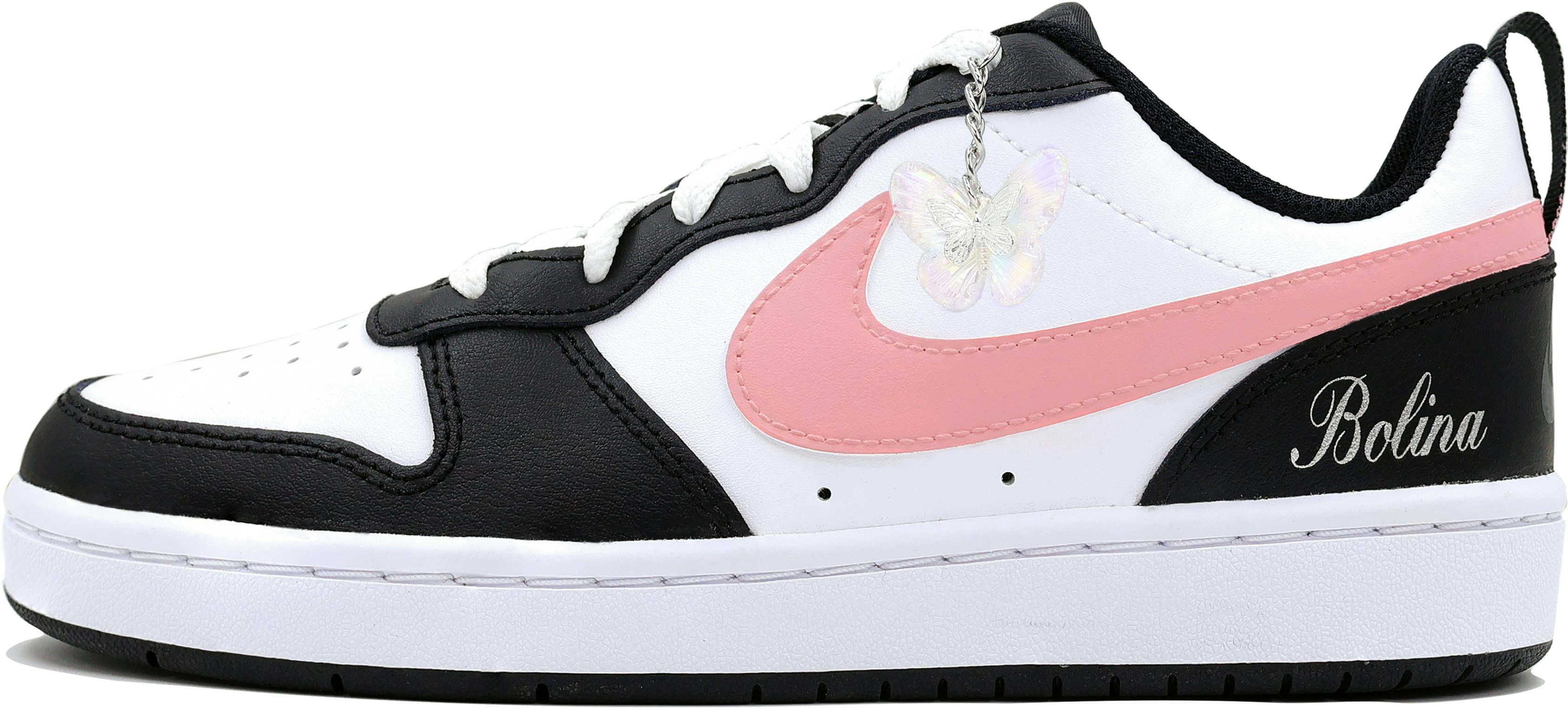 custom-shoes-women-nike-court-borough-low-black-pink-silver