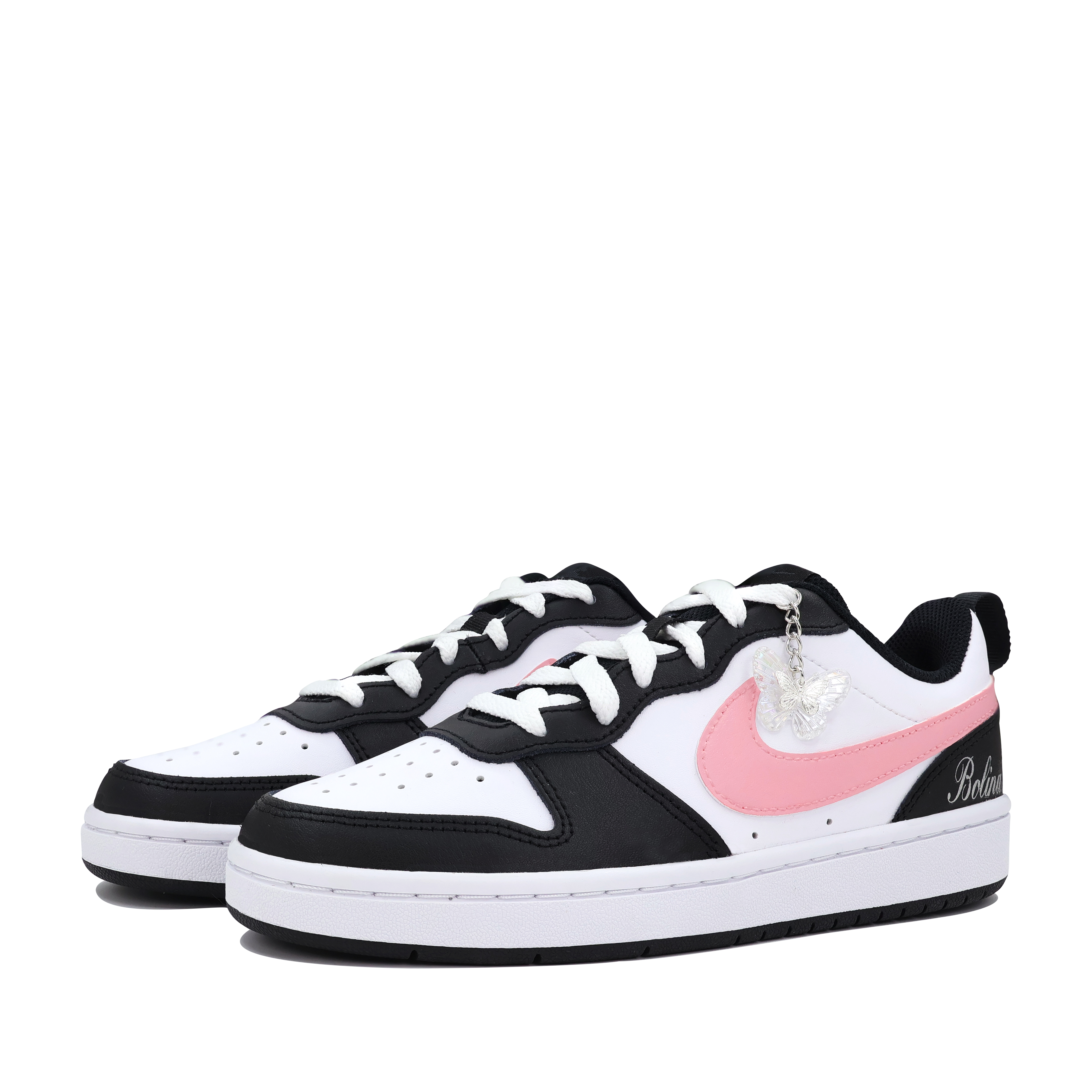 Shop (W) カスタムシューズ: ナイキ コートボロー ロー「ブラック ピンク シルバー」 BQ5448-115(Team271-粉墨星简）