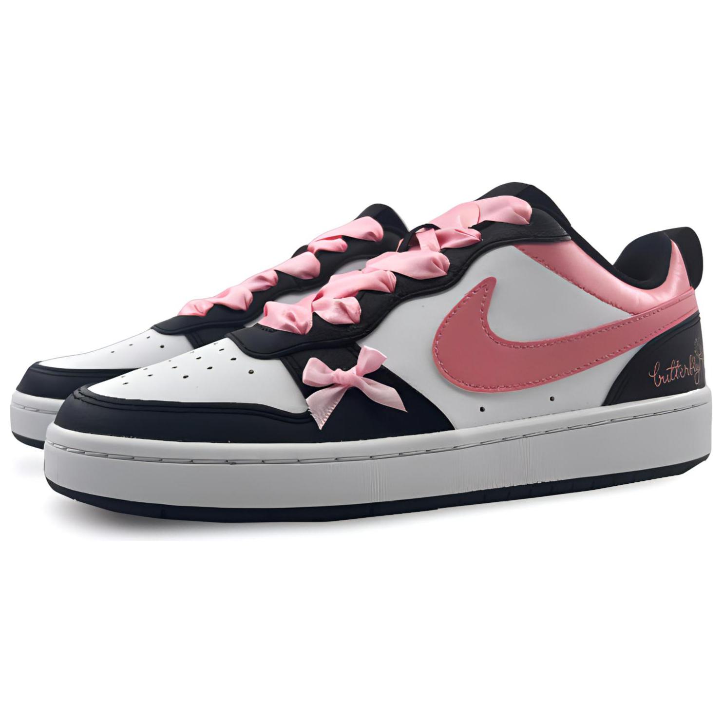 Shop 【定製球鞋】Nike Court Borough 蝴蝶曼舞 可愛 解構 蝴蝶結 低筒 板鞋 女款 黑粉