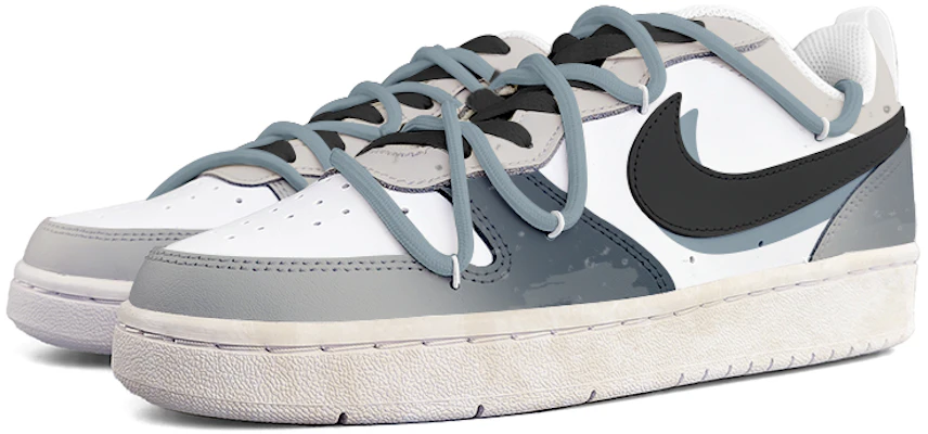 【訂製球鞋】Nike Court Borough 倫敦霾霭 黑灰 潮流 復古手繪 解構鞋帶 低筒 板鞋 女款 灰色 Lookbook 【訂製球鞋】Nike Court Borough 倫敦霾霭 黑灰 潮流 復古手繪 解構鞋帶 低筒 板鞋 女款 灰色