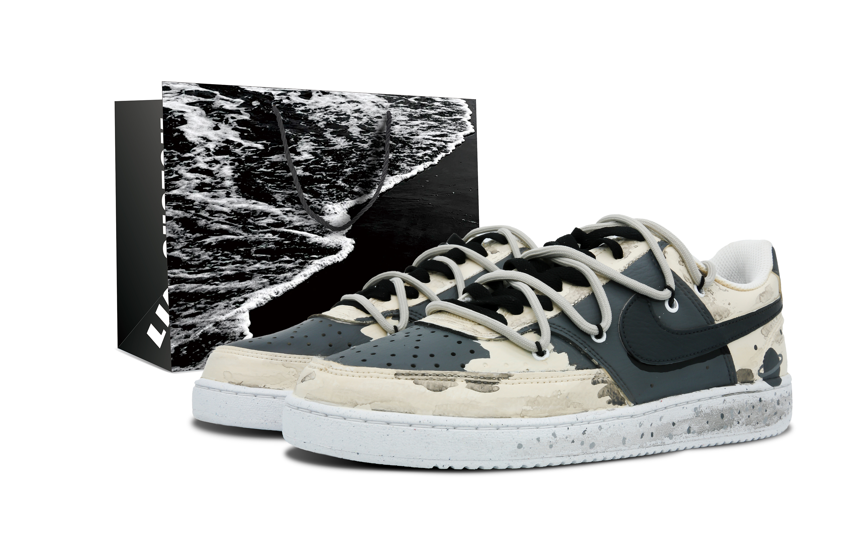 Buy 【定製球鞋】Nike Court Vision 1 Low 月落星球 黑沙灘手提袋 防滑耐磨 低筒 板鞋 女款 灰墨