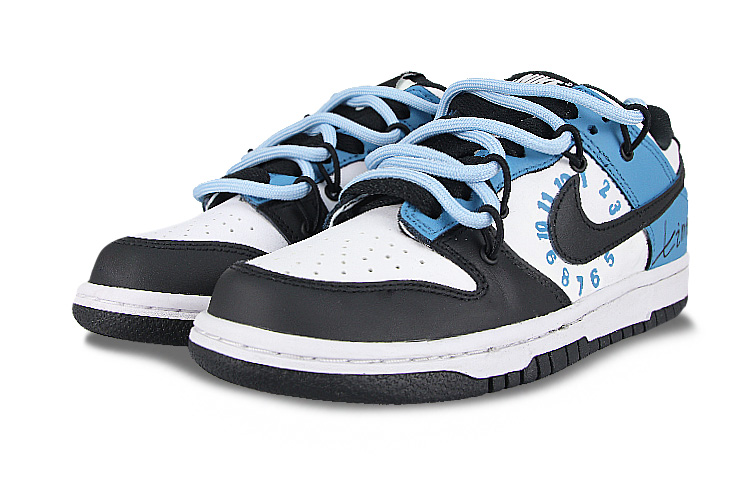 Shop 【客製球鞋】 Nike Dunk 低筒黑色 反向時間 解構鞋帶 手繪 潮流 耐磨 低筒 滑板鞋 女款 黑白藍