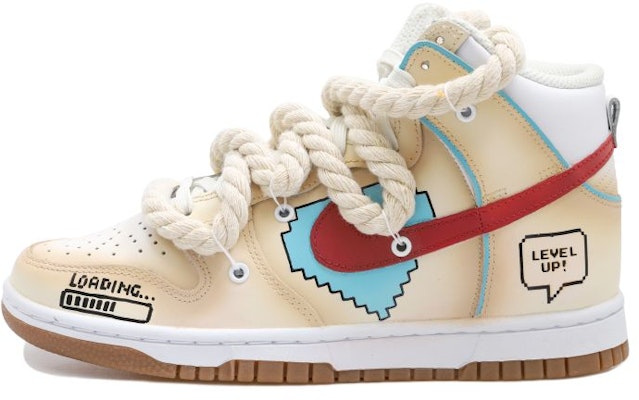 【定制球鞋】Nike Dunk High 麻繩 遊戲 通關愛心 高幫 板鞋 女款 卡其藍紅棕 Buy 【定制球鞋】Nike Dunk High 麻繩 遊戲 通關愛心 高幫 板鞋 女款 卡其藍紅棕
