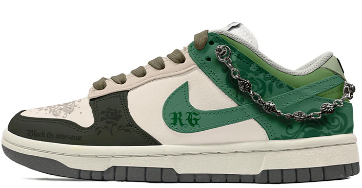 custom-shoes-women-nike-dunk-low-black-green-rose-chain