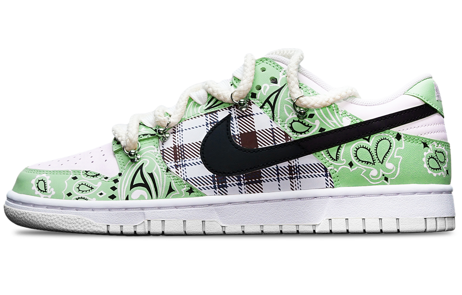 Buy (W) [Sepatu Kustom] Nike Dunk Low 'Hitam Putih Hijau Paisley' DH9765-100(TeamT-腰果花绿白S-BOX)