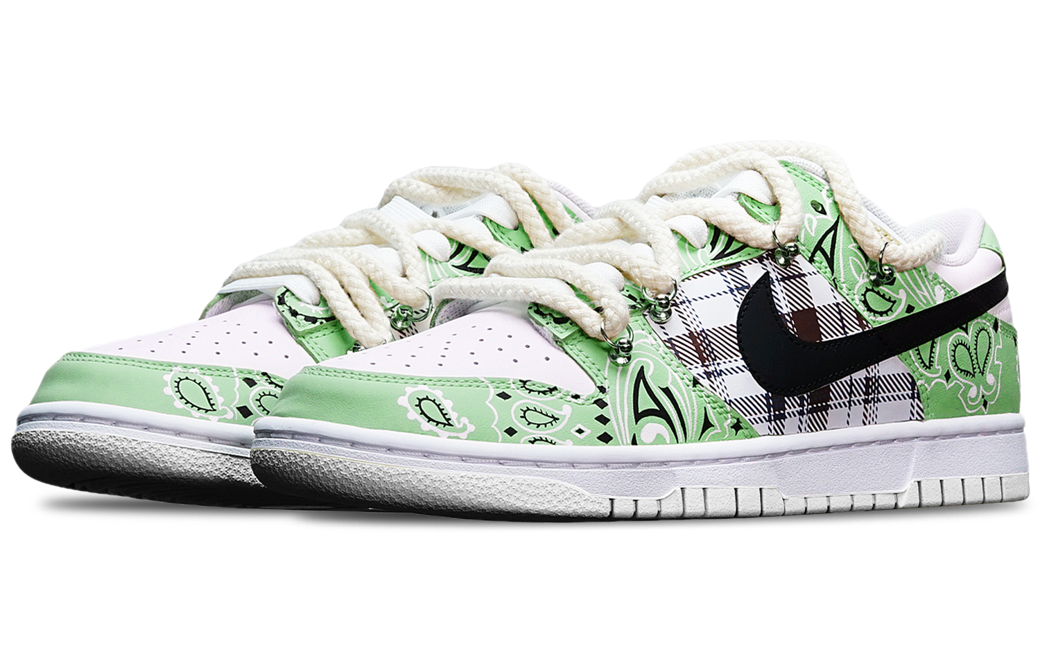 Lookbook (W) [Sepatu Kustom] Nike Dunk Low 'Hitam Putih Hijau Paisley' DH9765-100(TeamT-腰果花绿白S-BOX)