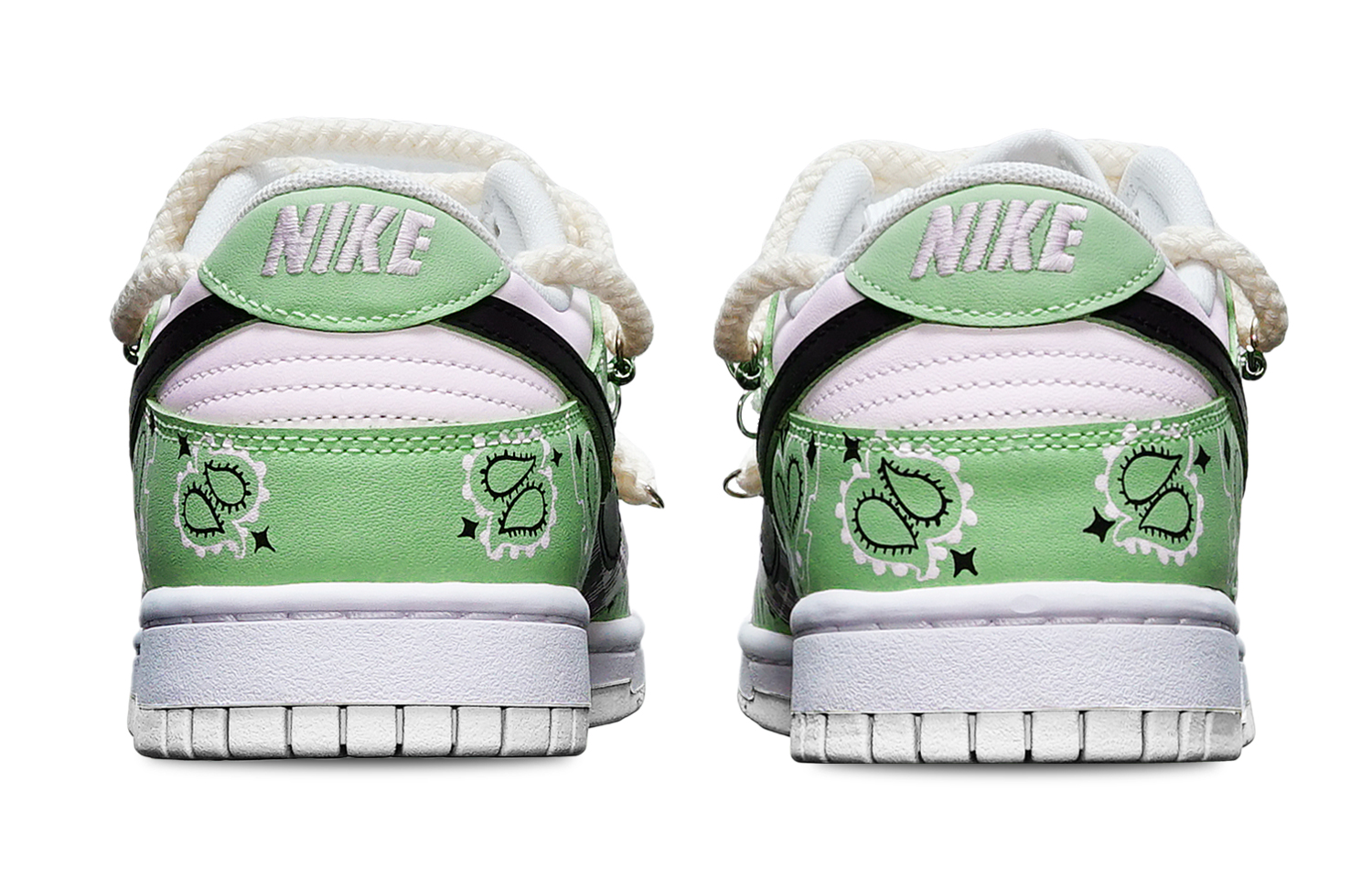 Shop (W) [Sepatu Kustom] Nike Dunk Low 'Hitam Putih Hijau Paisley' DH9765-100(TeamT-腰果花绿白S-BOX)