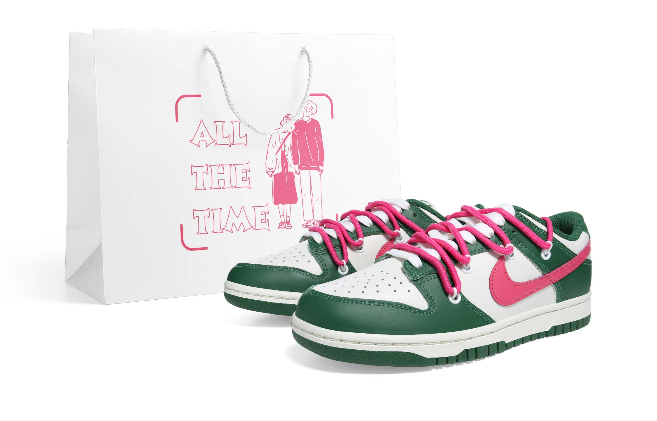 Buy (W) [Kasut Custom] Nike Dunk Low 'Gorge Green Pink Swoosh' DD1503-300(Team36-女款粉钩双鞋带)
