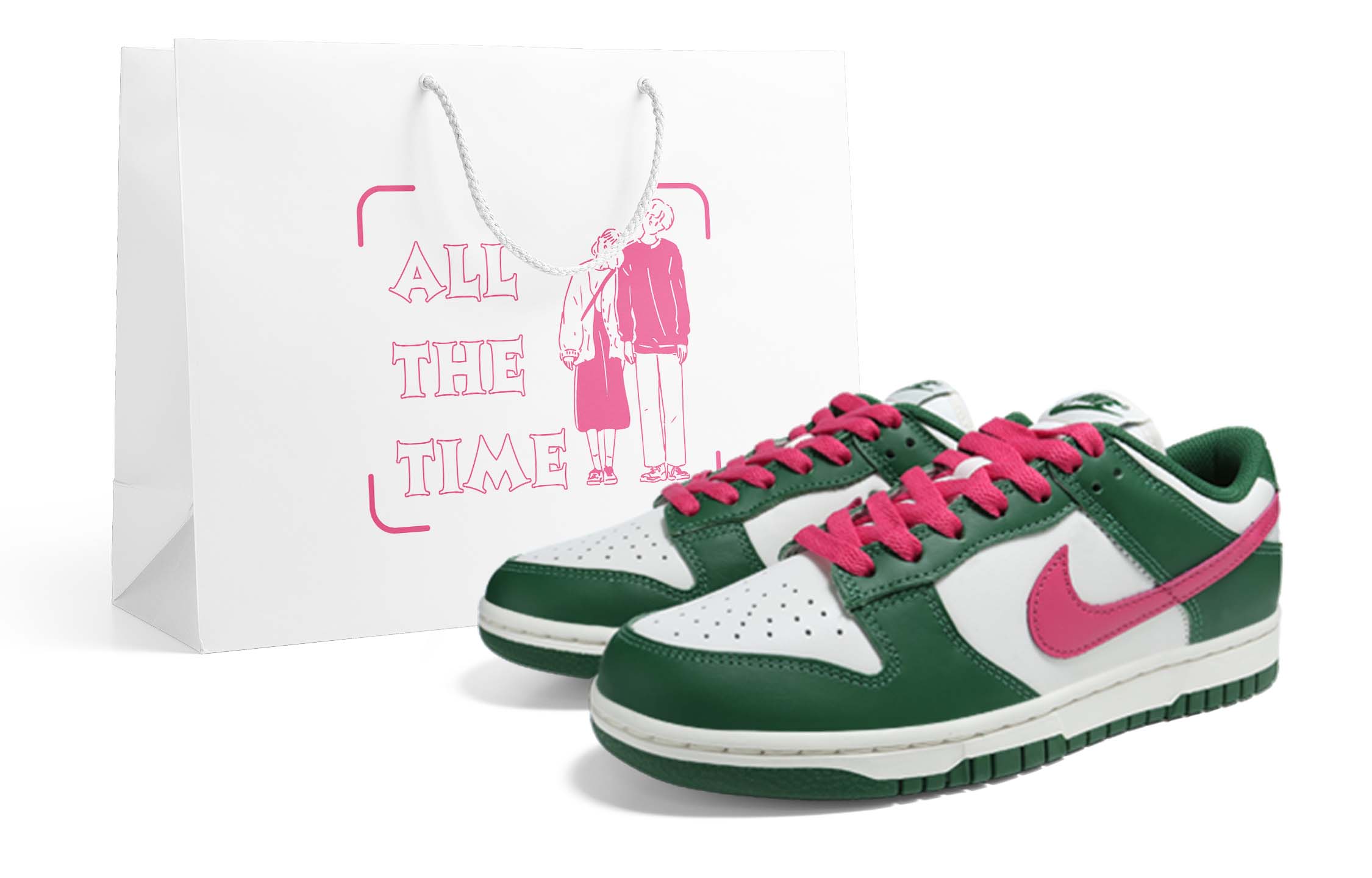Buy 【定制球鞋】 Nike Dunk Low "Gorge Green" 活力粉鉤 低筒 板鞋 女款 白綠粉