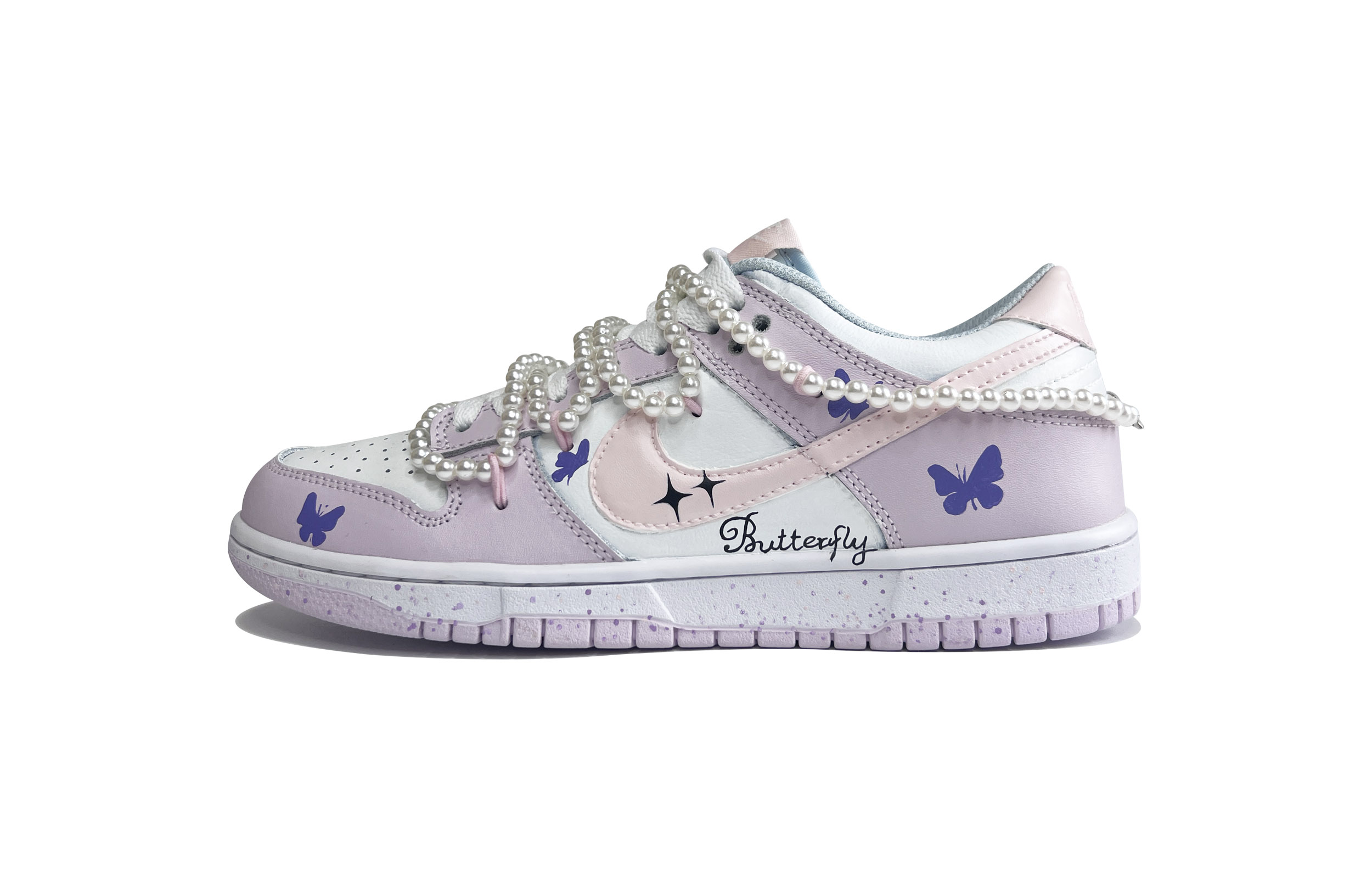 Buy 【定制球鞋】Nike Dunk Low 香芋紫蝴蝶 解構風 雙鞋帶 珍珠鏈條 學院風 低幫 板鞋 女款 藍紫粉