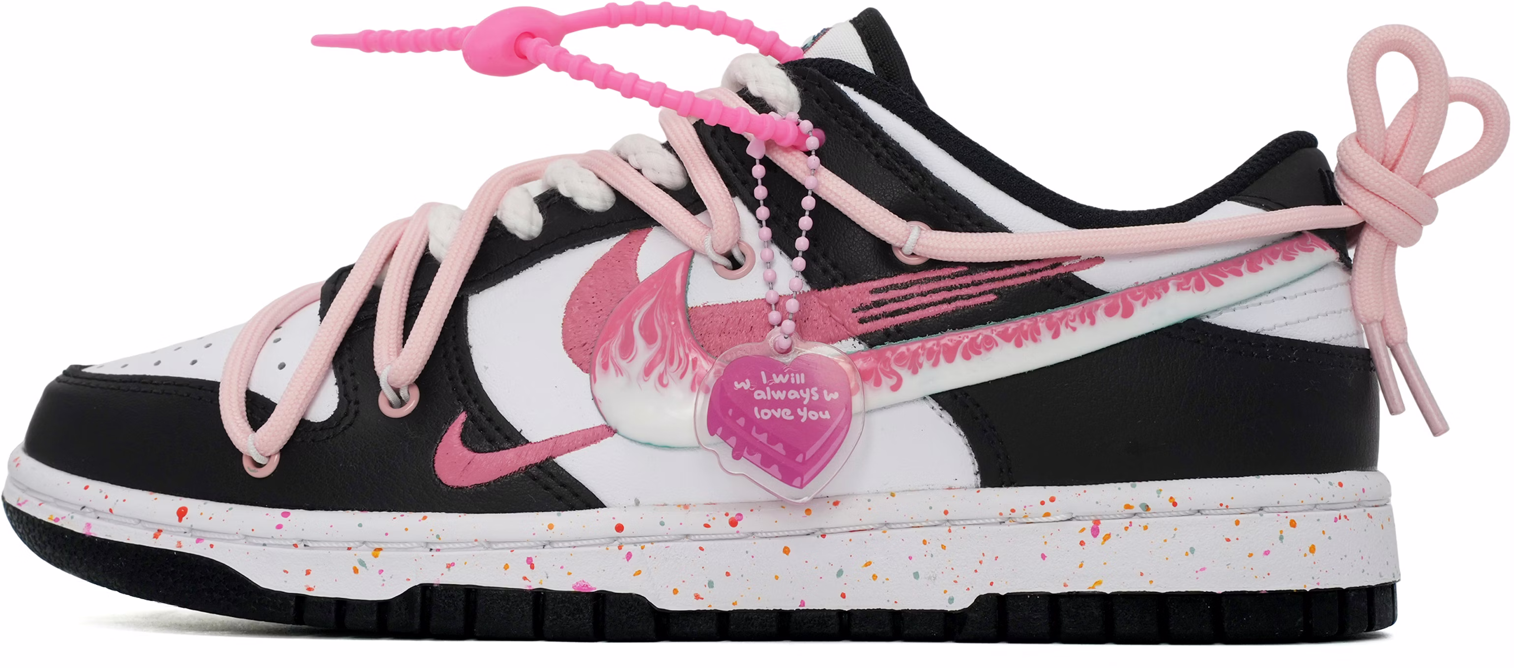 custom-shoes-women-nike-dunk-low-pink-flame-black-white-heartbeat