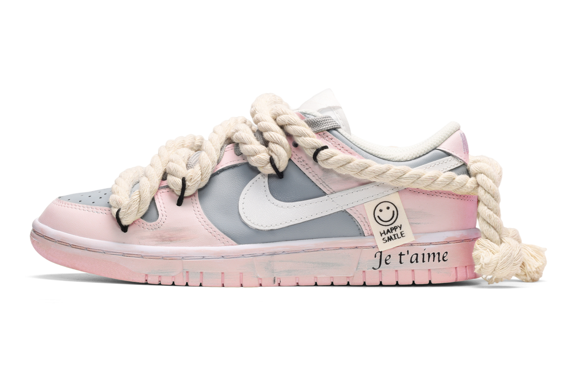 Buy (W) カスタムシューズ（女性用）ナイキ ダンク ロー「ピンクホワイトグレースマイリー」 DD1503-121(TeamE-女款麻绳笑脸粉白灰)