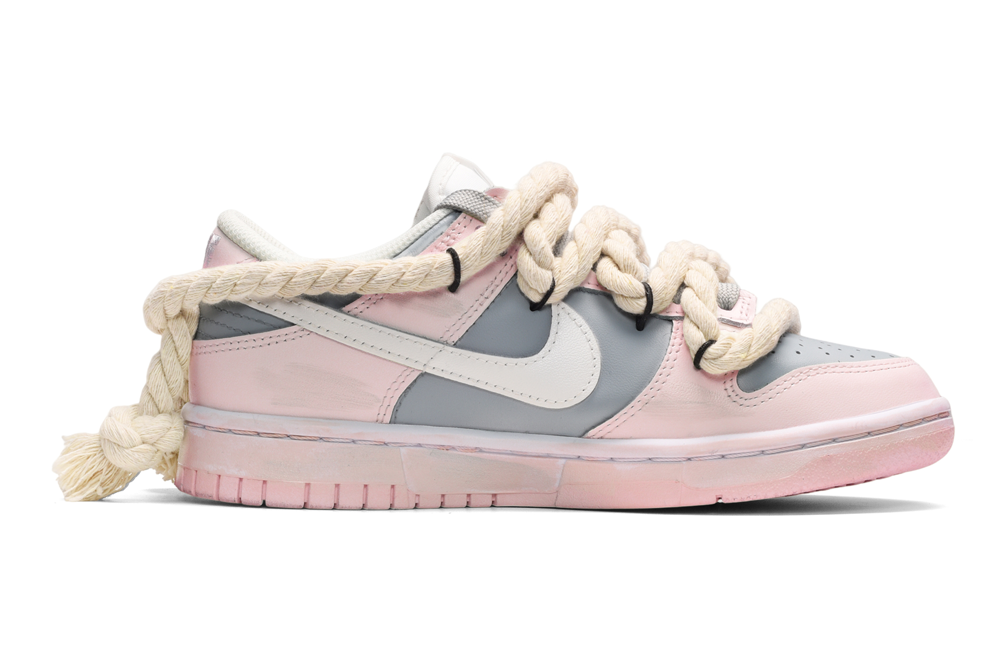 Order (W) カスタムシューズ（女性用）ナイキ ダンク ロー「ピンクホワイトグレースマイリー」 DD1503-121(TeamE-女款麻绳笑脸粉白灰)