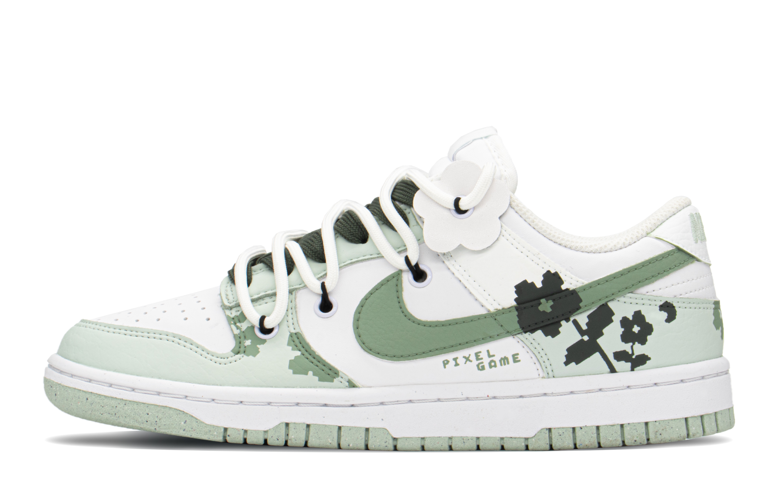 [Custom Shoes] (Women) Nike Dunk Low 'Pixel Game Floral Deconstructed White Green'