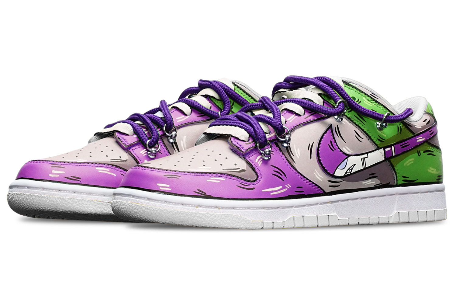 Shop 【客製化球鞋】Nike Dunk Low 拼色二維度 鯊魚鉤 解構雙鞋帶 限量特殊鞋盒 低筒 板鞋 女款 紫灰綠