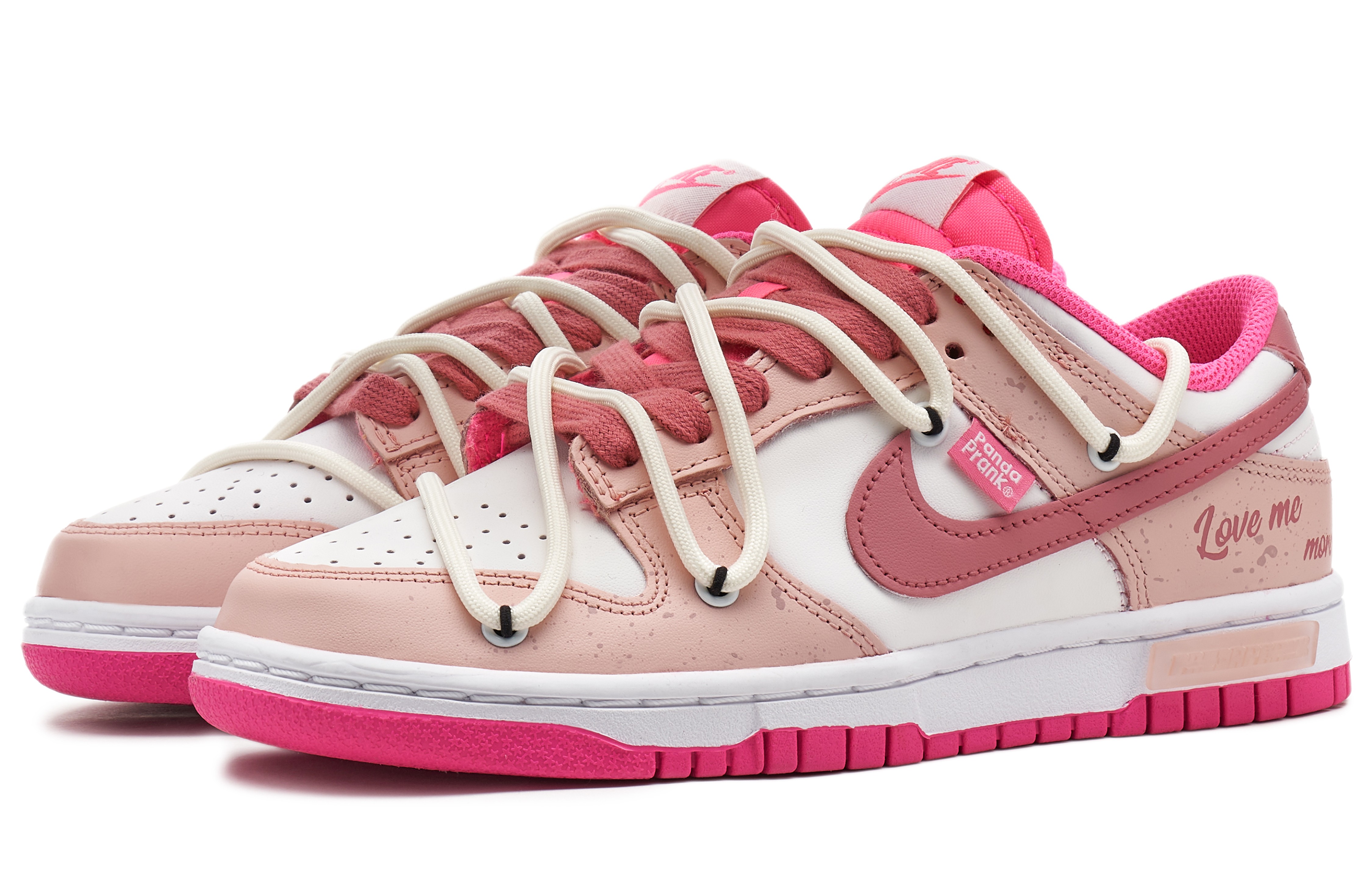 Lookbook 【訂製球鞋】 Nike Dunk Low 熊貓惡作劇 夏日主題 朱顏粉面 做舊 復古 低筒 板鞋 女款 粉白
