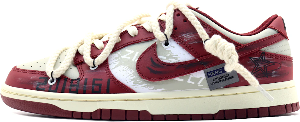 【定製球鞋】 Nike Dunk Low 散秋楓晚 復古做舊 刺繡標牌 麻繩解構鞋帶 低幫 板鞋 女款 紅白 Buy 【定製球鞋】 Nike Dunk Low 散秋楓晚 復古做舊 刺繡標牌 麻繩解構鞋帶 低幫 板鞋 女款 紅白