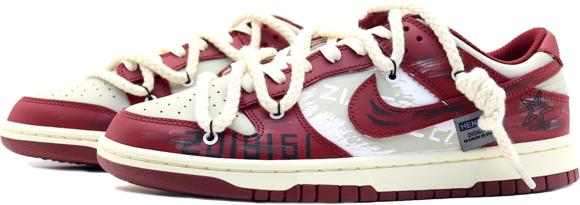 【定製球鞋】 Nike Dunk Low 散秋楓晚 復古做舊 刺繡標牌 麻繩解構鞋帶 低幫 板鞋 女款 紅白 Lookbook 【定製球鞋】 Nike Dunk Low 散秋楓晚 復古做舊 刺繡標牌 麻繩解構鞋帶 低幫 板鞋 女款 紅白