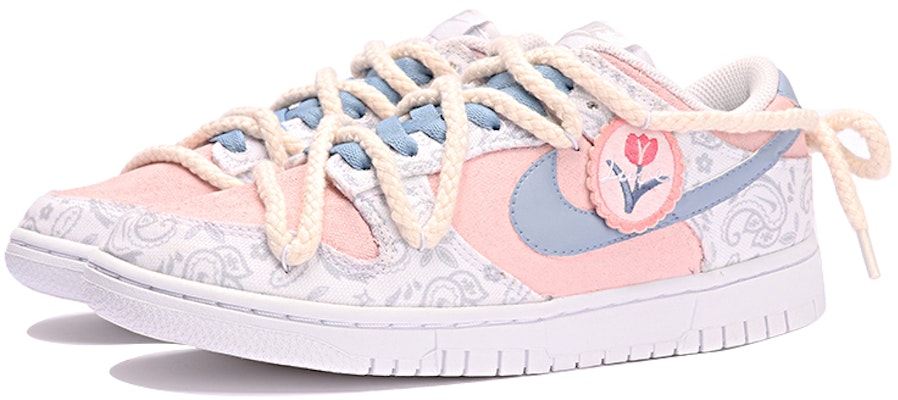 【客製球鞋】Nike Dunk Low ESS 鬱金香 粉色布貼 腰果花 解構雙鞋帶 做舊 低幫 板鞋 女款 粉白 Lookbook 【客製球鞋】Nike Dunk Low ESS 鬱金香 粉色布貼 腰果花 解構雙鞋帶 做舊 低幫 板鞋 女款 粉白