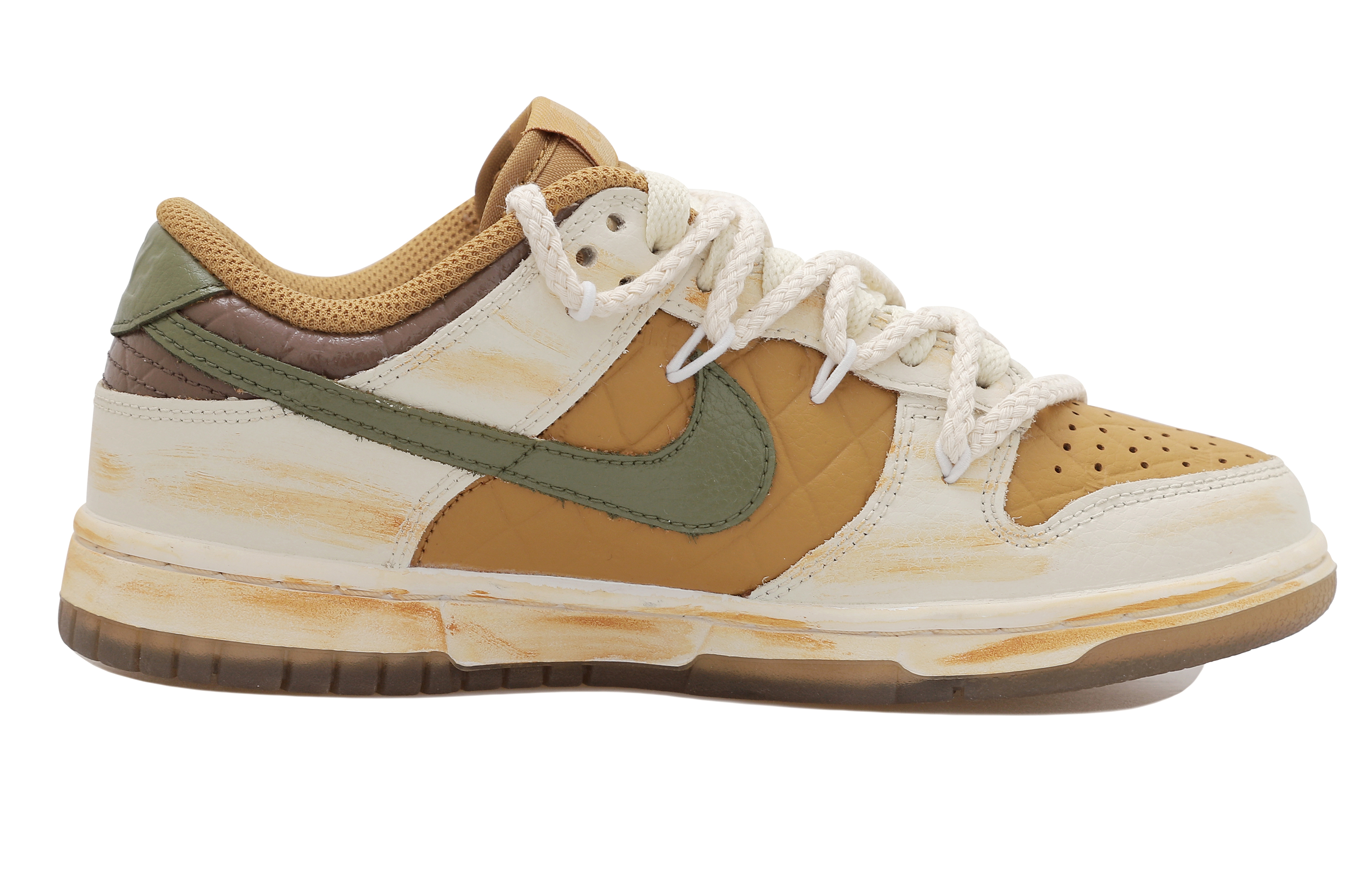 Buy 【客製化球鞋】Nike Dunk Low OKHR 復古風做舊解構 摩卡咖啡色 橄欖綠 麻繩 字體 防滑耐磨 低筒 滑板鞋 女款 黃棕色