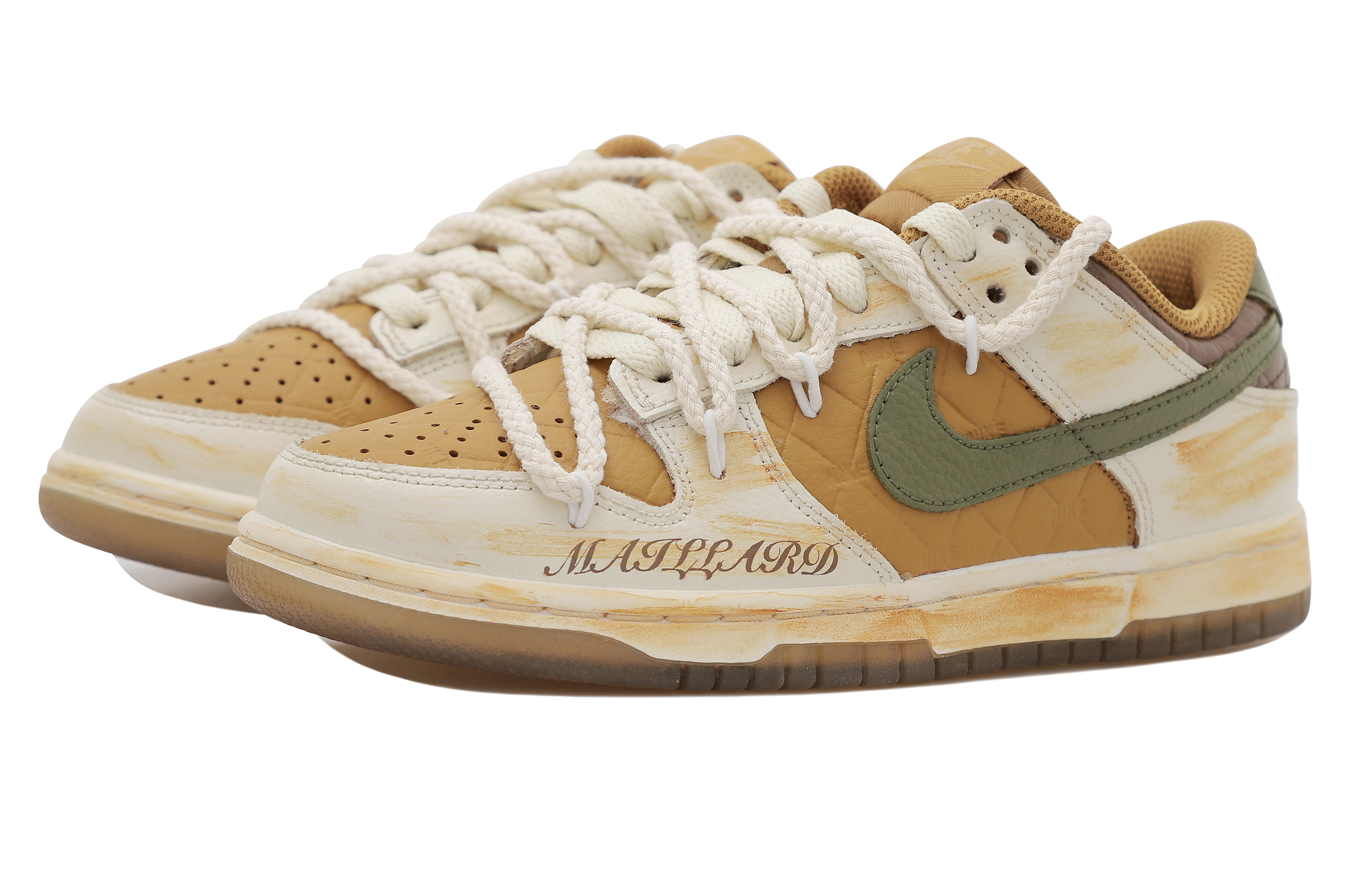 Order 【客製化球鞋】Nike Dunk Low OKHR 復古風做舊解構 摩卡咖啡色 橄欖綠 麻繩 字體 防滑耐磨 低筒 滑板鞋 女款 黃棕色