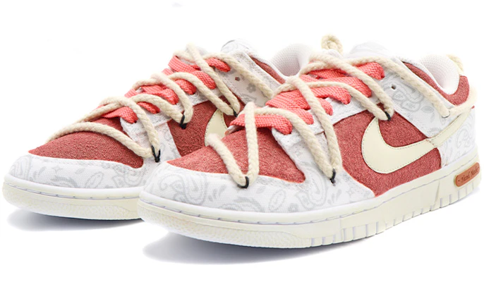 【客製球鞋】 Nike Dunk Low ESS 白色腰果花 迷幻風做舊 低筒 板鞋 女款 豆沙紅白 Lookbook 【客製球鞋】 Nike Dunk Low ESS 白色腰果花 迷幻風做舊 低筒 板鞋 女款 豆沙紅白