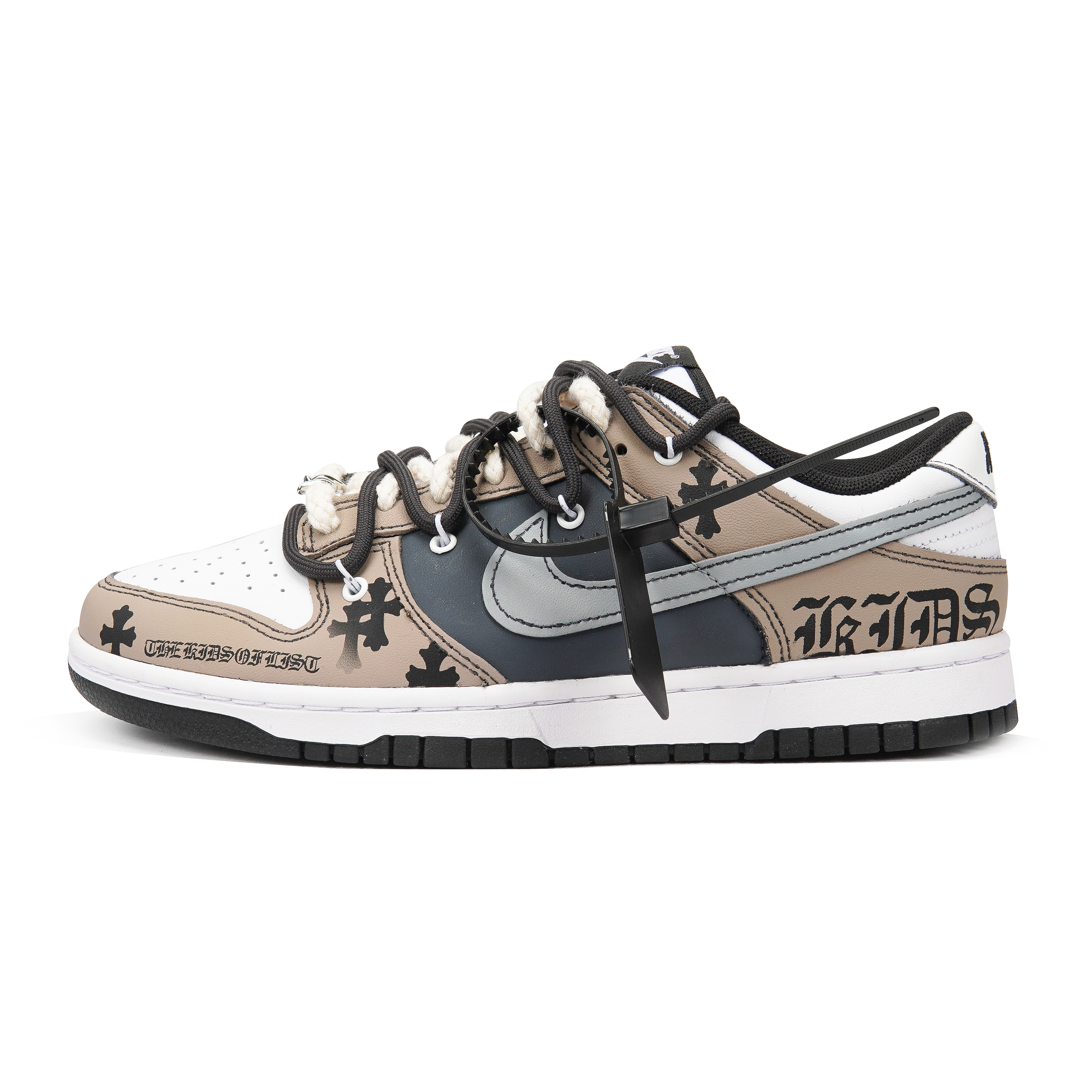 [Custom Shoes] (Women) Nike Dunk Low Retro 'Medieval Gothic Thorn Silver Buckle Deconstructed White-Brown'