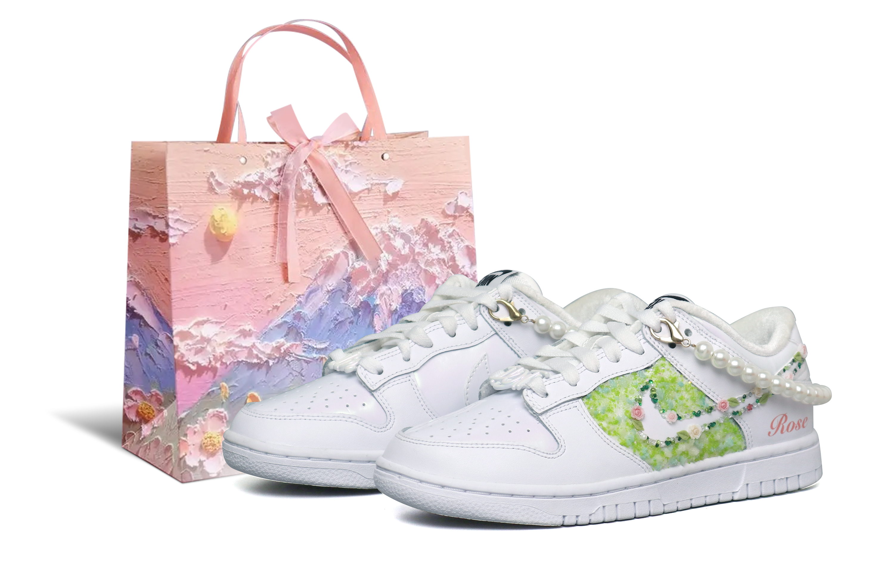 Buy 【訂製球鞋】Nike Dunk SE 3米3創造 莫內花園 小香風 貼鑽 珍珠 520禮遇 潮流 百搭 防滑減震耐磨透氣 低筒 板鞋 女款 白綠